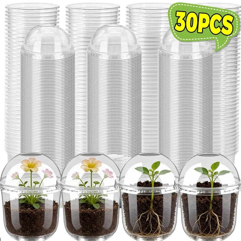 10/30PCS Nursery Pots with Cover Gardening Transparent Plastic Flower Containers Root View Cups Seed Starting Growth Container