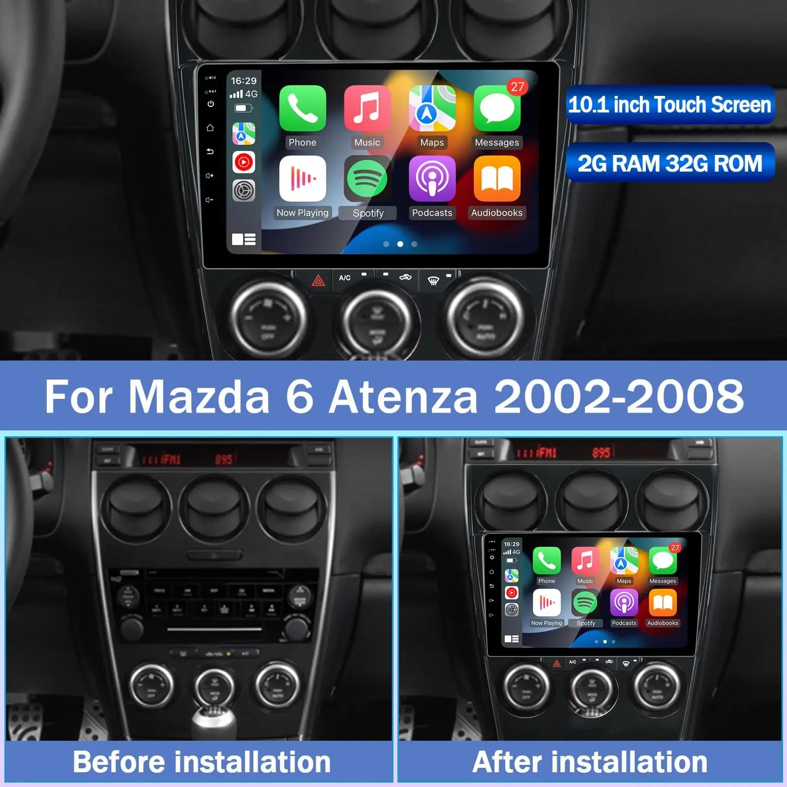 ANYFAR Autoradio per Mazda 6 Atenza 2002-2008 Android 13 Wireless CarPlay Android Auto Navigazione GPS WiFi Bluetooth FM 2G + 32G
