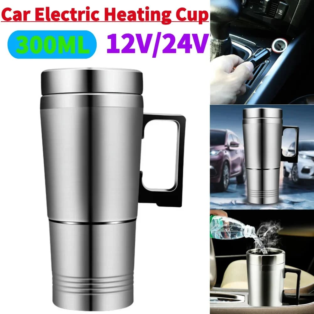 Electric Heating Car Kettle 12V/24V Camping Travel Water Coffee Milk Thermal Mug 300ML Stainless Steel Insulated Drink Cup