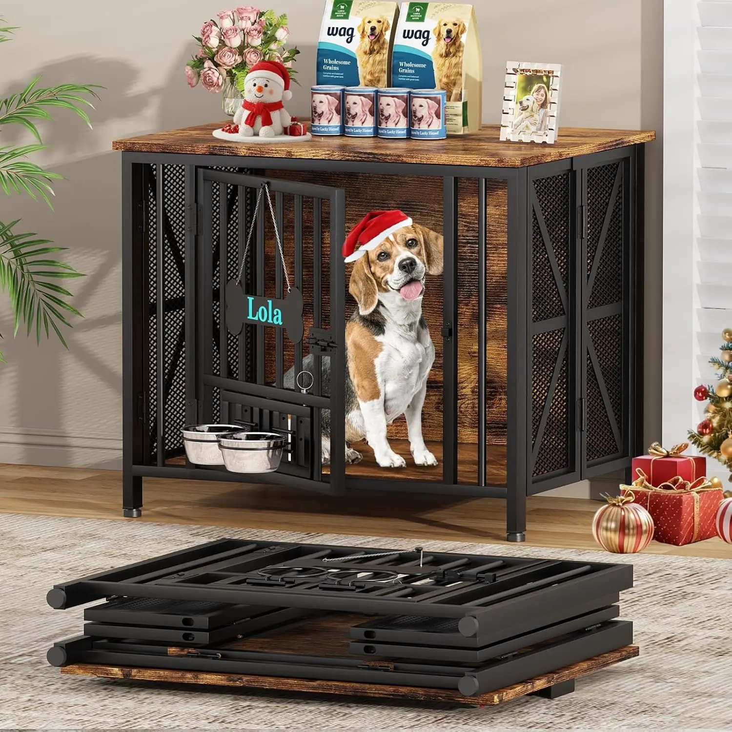 Cuccia per Cani in Legno Rustico Marrone per Interni, Design Pieghevole Senza Montaggio e Ciotole Regolabili
