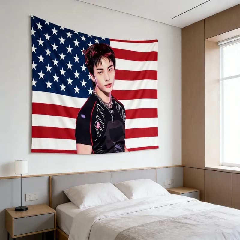 VIKAMA K-pop Tapestry, Hyunjin American Flag Wall Hanging, Aesthetic Bedroom Decor for Fans, Perfect Idol Room Gift
