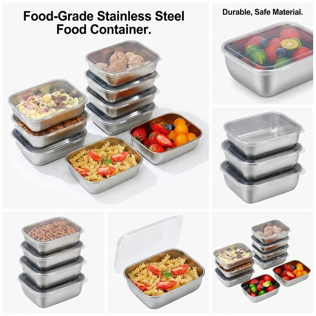 Set of 5 Stainless Steel Containers Stackables, Lunch Boxes and Pasti Preparations, Stocking Solution for Kitchen and Refrigerator