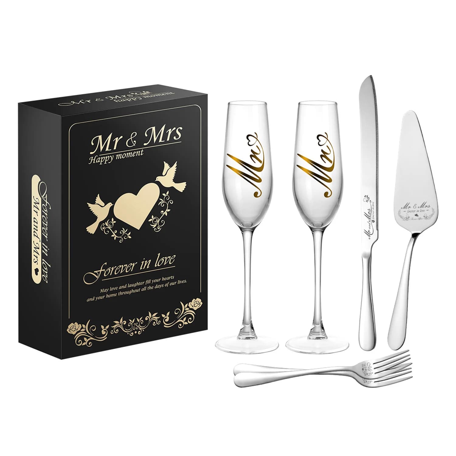 Set da taglio per torta in acciaio inossidabile con vetro champagne Mr. & Mrs. Confezione regalo di fidanzamento Regalo di nozze (Argento) con 2 forchette 2 bicchieri 1