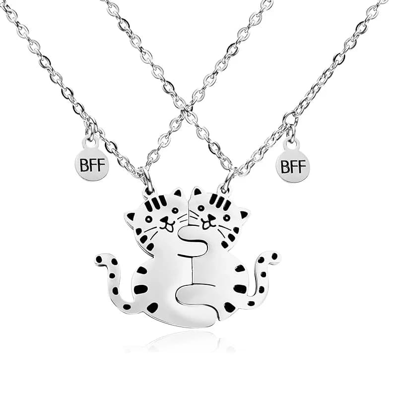 2 Pcs BFF Hug Cat Necklace Set Stainless Steel Best Friend Necklaces Friendship Jewelry Gifts