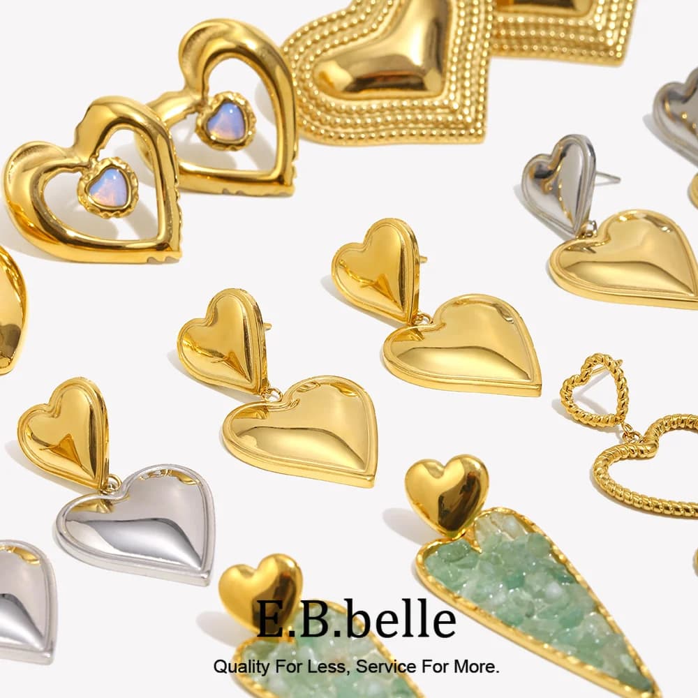 E.B.belle Double Heart Stud Earring Stainless Steel Minimalist Style Women Jewerlry Hypoallergenic Party Gift 18K Gold Plated