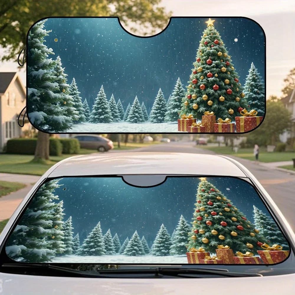 1pc, Christmas Car Front Windshield Sunshade With Christmas Tree Winter Festive Style Print, Foldable Visor Cover For SUVs, Seda