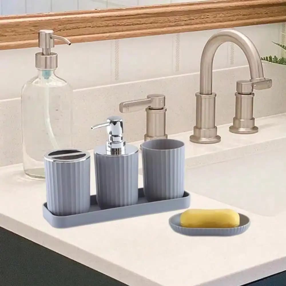 Set Completo per Bagno: Portasapone, Portaspazzolino, Dispenser per Liquidi, Bicchiere per Collutorio, Accessori Eleganti