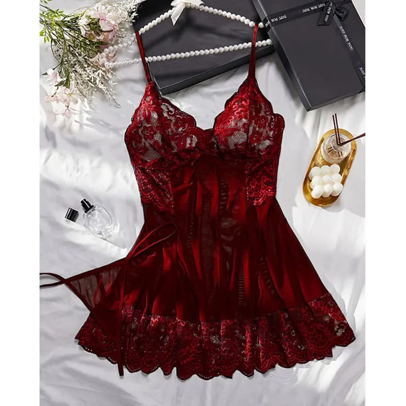 New Summer Halter Nightgown Transparent Red Lingerie Female Sexy Pajamas Tulle Comfortable Night Dress Women Pajama G-string Set
