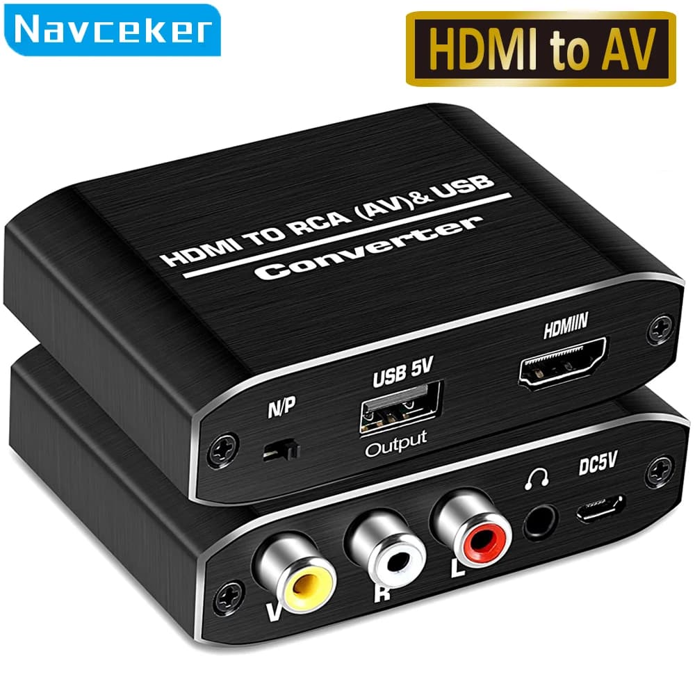 Navceker Adapter scaler from HDMI to AV Composite Video Converter HD Box to RCA AV/CVSB L/R Video 1080P to 60HZ Support NTSC PAL