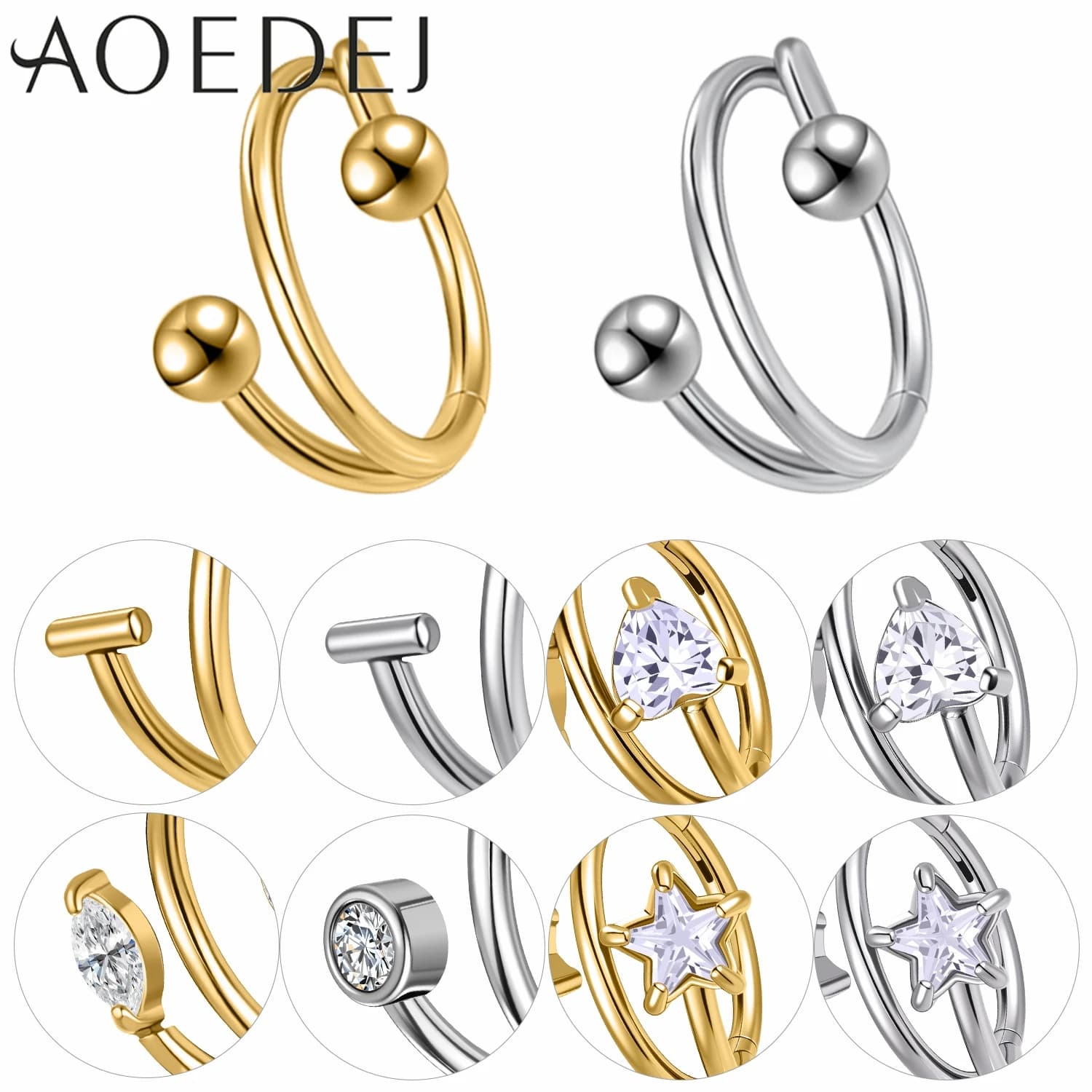 AOEDEJ 1 PC 16G Anello al naso in acciaio inossidabile Donna Orecchini a cerchio in cristallo CZ Doppio strato Orecchio Helix Setto Piercing Gioielli 8/10MM