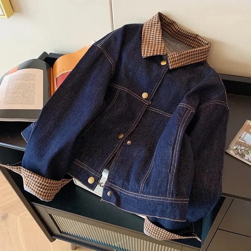 Giacca di Jeans Coreana da Donna a Maniche Lunghe, Moda Casual, Cappotto Corto Stile Cowboy con Risvolto, Giacca in Denim Patchwork per Primavera e Autunno