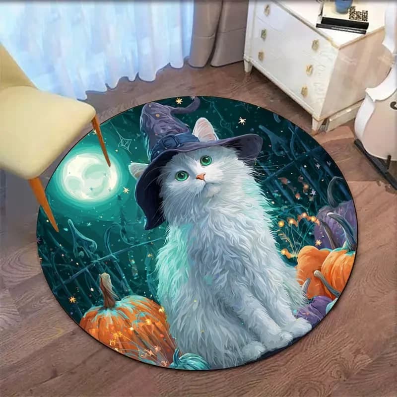 Halloween White Wizard Cat Round Rug Pumpkin Moon Witch Print Circular Carpet for Bedroom Holiday Party Decor