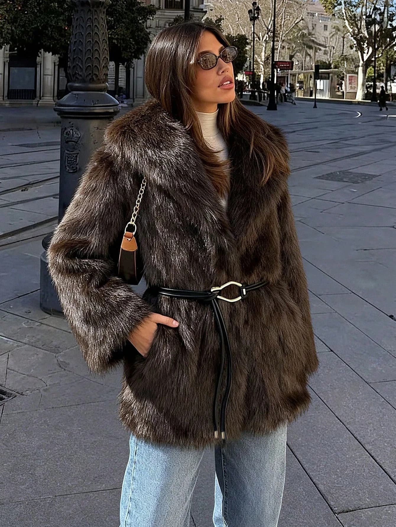 Women Winter Faux Fur Coat Fluffy Warm Long Belted Dark Brown 2026 New Elegant Old Money Luxury Outerwear