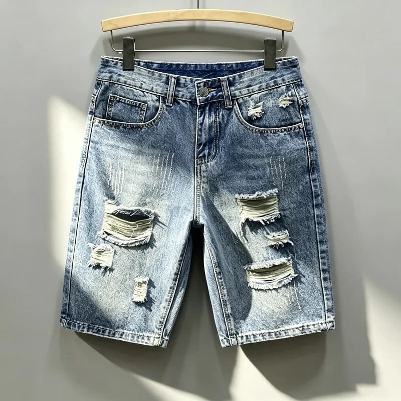 Men Korean Style Distressed Denim Shorts Light Washed Ripped Destroyed Jean Shorts Casual Streetwear Bermuda Shorts Frayed Holes