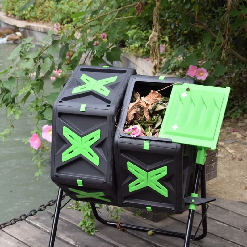 Compostiera da giardino a doppio scomparto con coperchio ribaltabile per compost