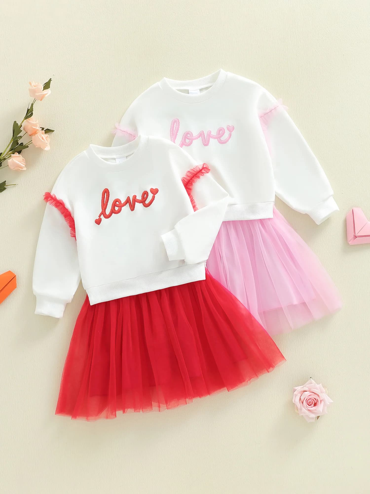 Set da 2 pezzi per bambina, per San Valentino, manica lunga, girocollo, lettere, ricamo, felpa e gonna in tulle con elastico in vita