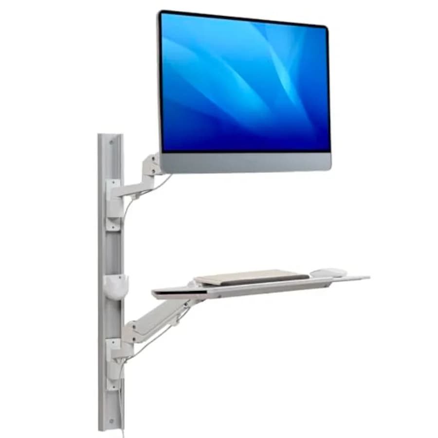 Computer Monitor Arms: White Metal Healthcare Wall Mounting Arm Monitor Stand with Articulating Arm Keyboard Tray Extension and