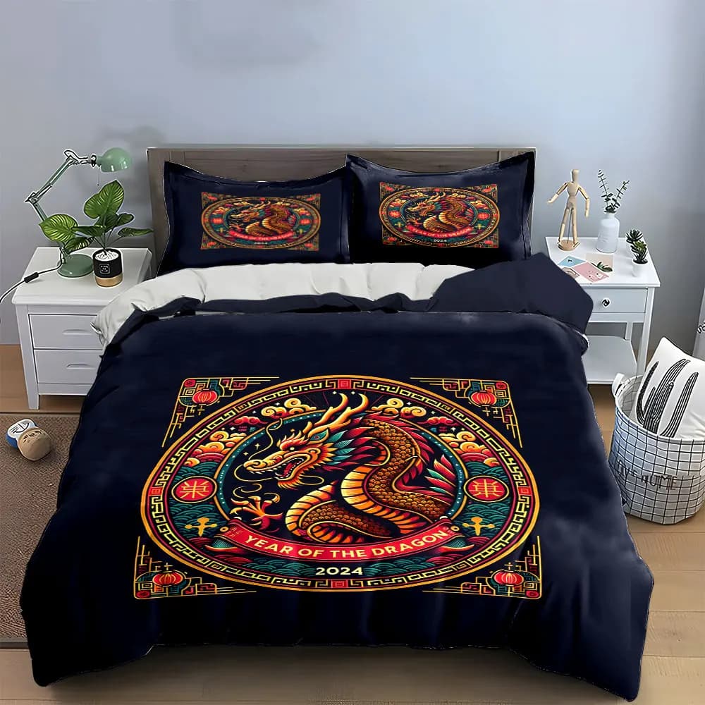 Set di biancheria da letto Dragon Art Set - Festive Decor con 1 copripiumino e 2 federe, singolo, matrimoniale, king, queen, idea regalo