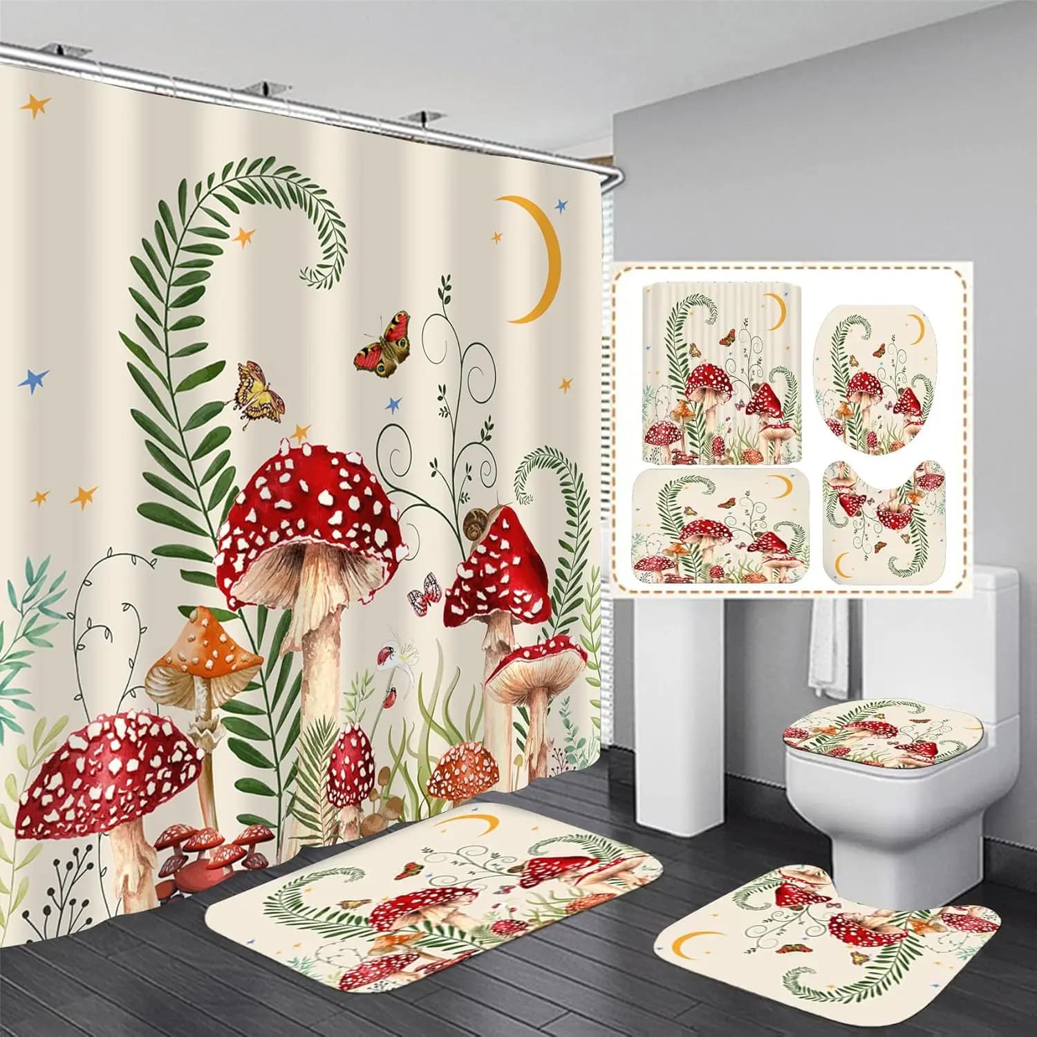 Set di tende da doccia da bagno con fiori di farfalla e funghi da 4 pezzi con tappeti, copriwater e tappetino da bagno, tenda da doccia con stelle lunari