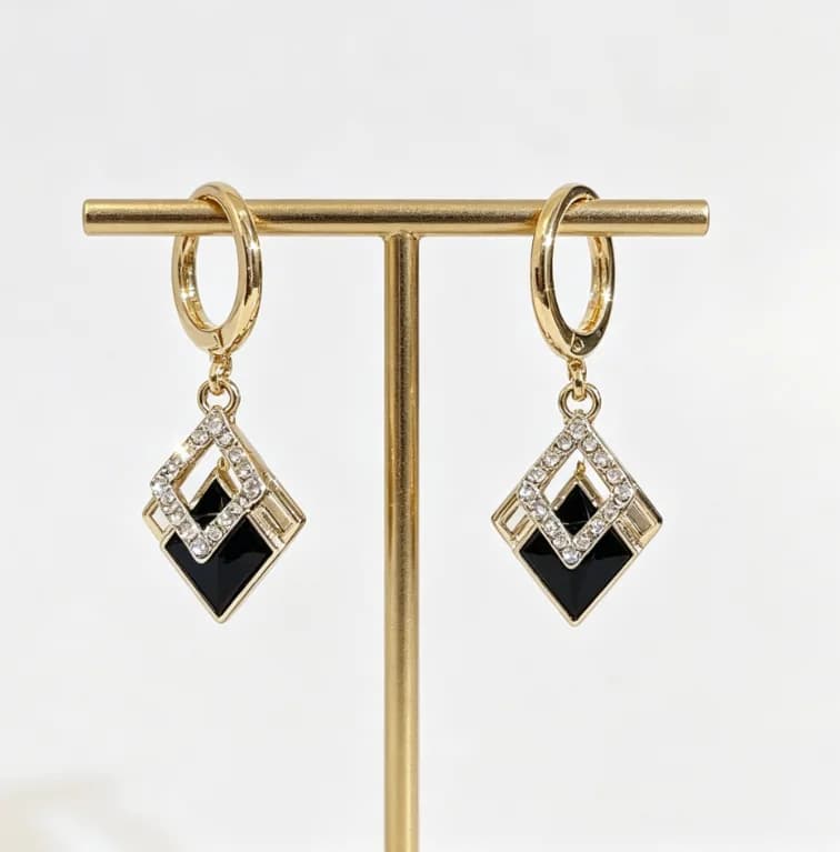 Gold C-Shaped Huggie Hoop Dangle Earrings With Double Rhombus Pendant, Paved Crystal Outer Rhombus & Solid Black Enamel Inner Rhombus Geometric Minimalist Drop Earrings Women Office Evening Party Jewelry Gift