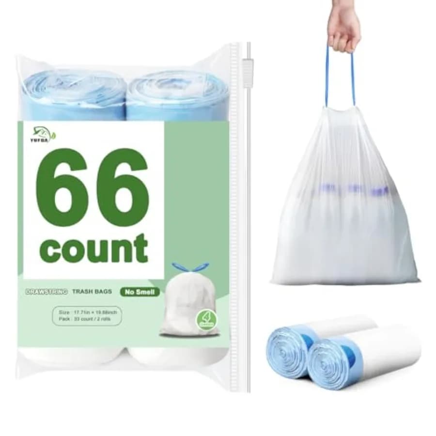 66 Count Small Trash Bags, 4 Gallon Drawstring, White Bathroom Garbage Bags, Tear-Free, Plastic Wastebasket Liners, For Toilet