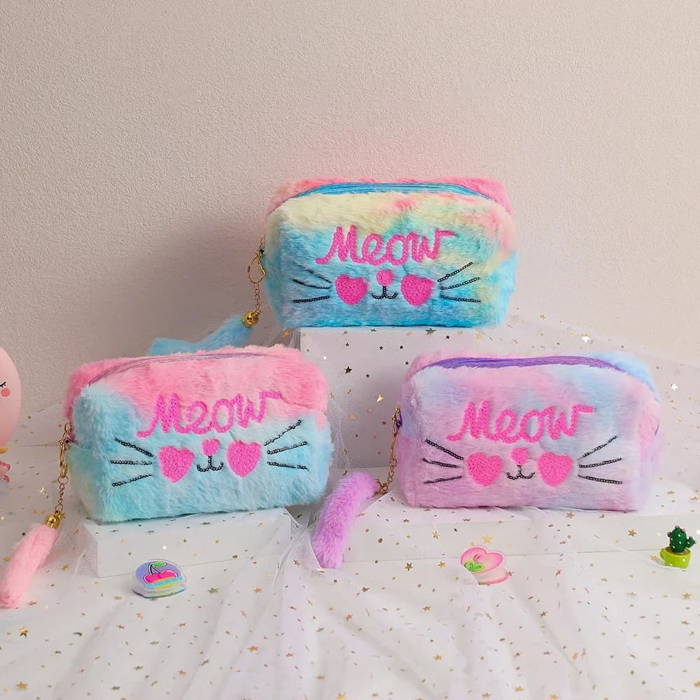 Nuova custodia per trucco per gatti con paillettes dolci, morbida borsa per cosmetici da viaggio pelosa arcobaleno, borsa piccola per ragazze, astuccio