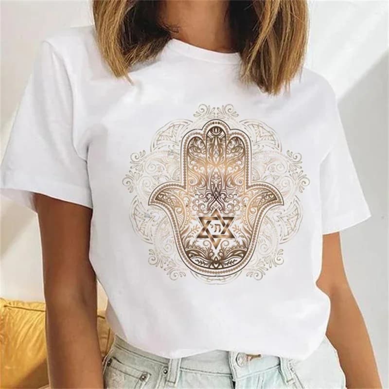 Hamasa Hand of Fatima Print t-shirt da donna Lucky Hamsa Hand Harajuku Alchemy magliette estate manica corta bianco Top Tees donna
