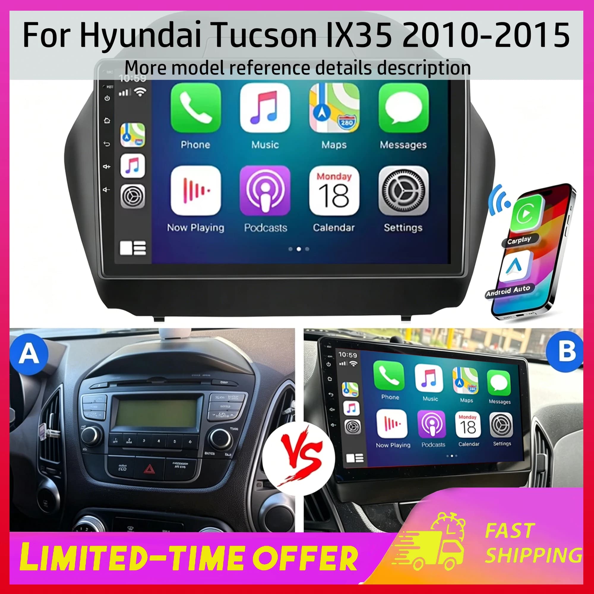 Autoradio Android 15 con GPS 4+64G, Schermo 10.1 Pollici per Hyundai Tucson IX35 2010-2015, Compatibile con Carplay, Bluetooth, Lettore Multimediale per Auto, WiFi, Radio