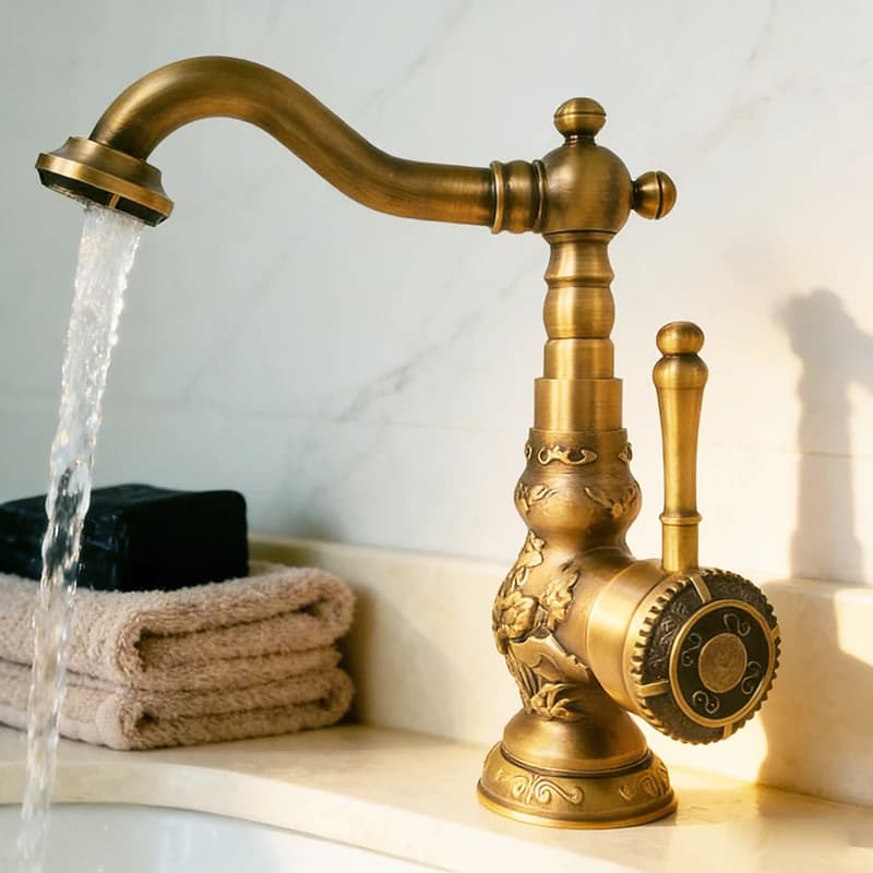 Rubinetto da cucina con montaggio su piano intagliato in rame bronzo antico di lusso Rubinetto per lavabo da bagno Miscelatore per rubinetto per lavabo Rubinetto per acqua calda e fredda