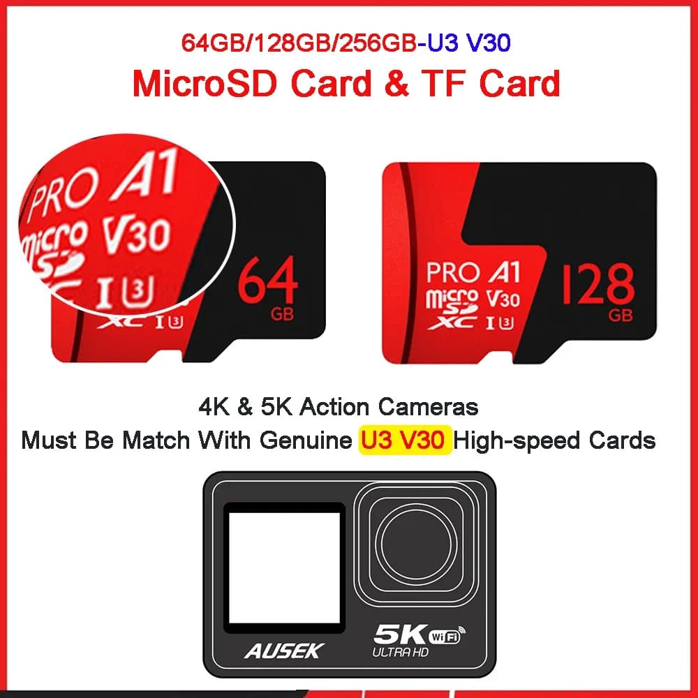 Scheda Micro SD A1 U3 V30 per Action Camera P500, 256GB 128GB 64GB 32GB, Supporto Video 4K UHD per DVR Auto e Telecamere di Sorveglianza