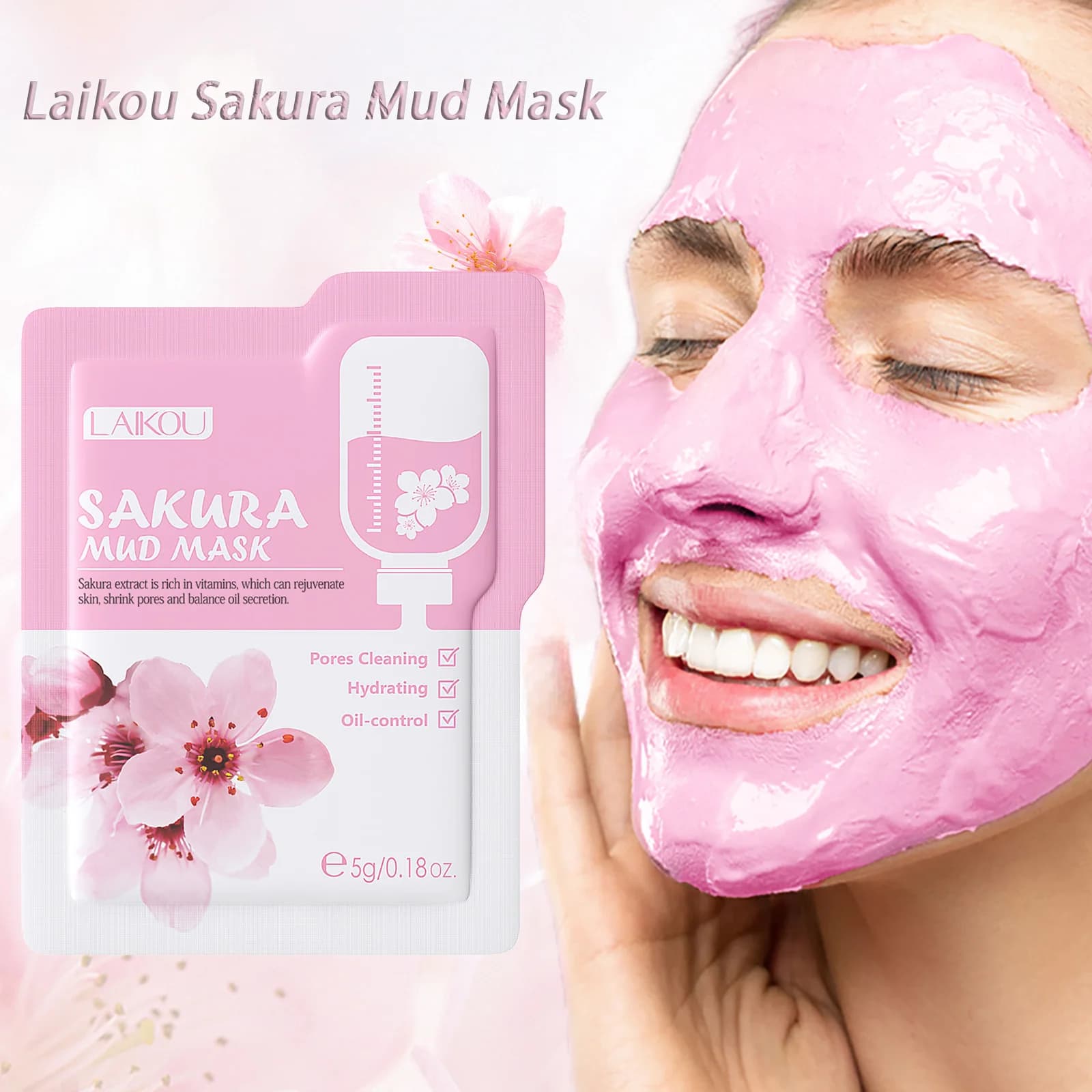 Maschera di Argilla alla Sakura Laikou Formato Prova, Idratante, Pulizia Profonda, Minimizza i Pori, Illuminante, Maschera Viso, Prodotto per la Cura della Pelle, Maschera di Fango 5g