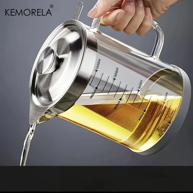 KEMORELA 1000/1500ML Pentola per filtro olio in vetro con coperchio - Maniglia facile da impugnare Separatore di grasso e grasso da cucina per la conservazione dell'olio da cucina