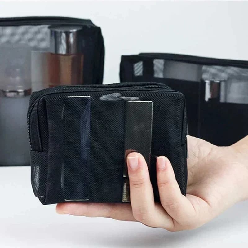 Borse per cosmetici in rete di nylon da donna Borse portatili quadrate nere S/M/L Articoli da toeletta Custodia per trucco Borsa da viaggio per il lavaggio