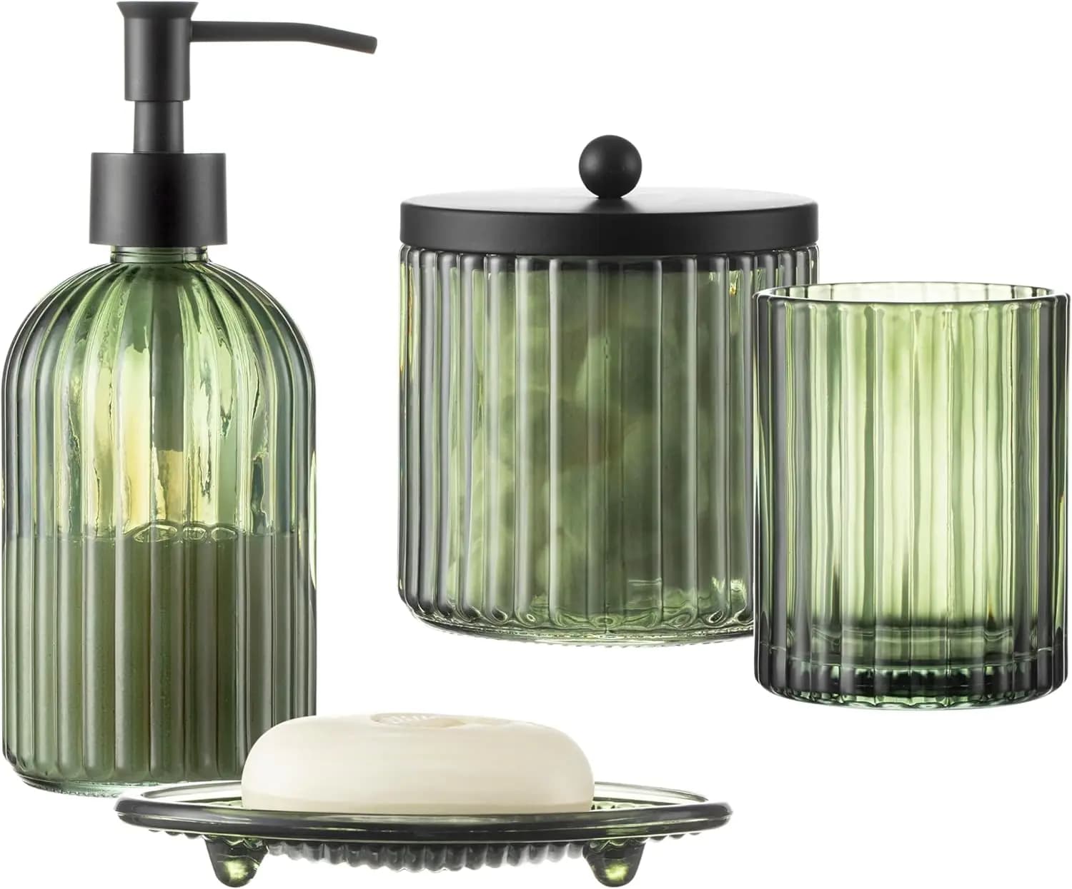 Set da Bagno in Vetro Pesante a 4 Pezzi con Motivo Pressato - Dispenser Sapone, Contenitore per Salviette, Bicchiere, Portasapone in Verde Oliva