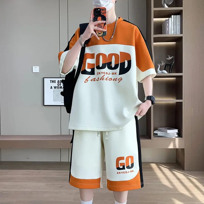 Estate Casual Mens Set manica corta stampa patchwork Tshirt + pantaloncini 2 pezzi Set Streetwear tuta sportiva da uomo Harajuku tuta