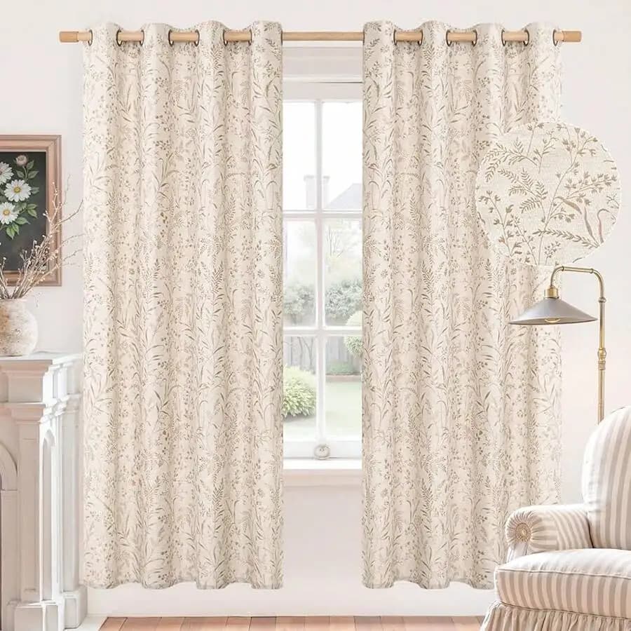 Linen Jacquard Botanical Floral Curtains For Living Room 84 Inch Long Filtering Light