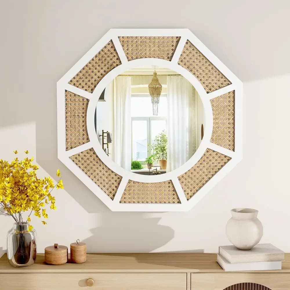 Grande Specchio in Rattan Naturale Intrecciato da 24 Pollici - Decorazione Murale Boho per Soggiorno, Camera da Letto e Bagno