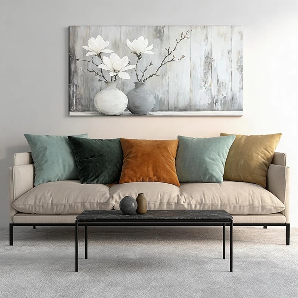 Decorative painting on canvas with 3 pieces wooden frame. Two vases, white magnolias, relief textures. Hall decoration.