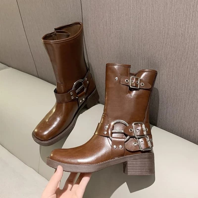 Women's Thick Bottom Chunky Heel Short Riding Boots Large Size Western Cowboy Style British Fashion Belt Buckle Short Boots