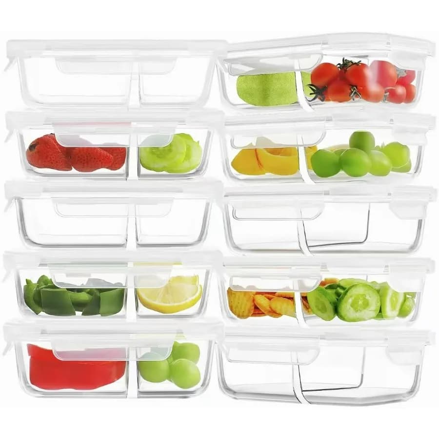 HOMBERKING Confezione da 10 contenitori per la preparazione dei pasti in vetro da 24 once Contenitori per alimenti a 2 scomparti con coperchi Scatole ermetiche per il pranzo Bento 1