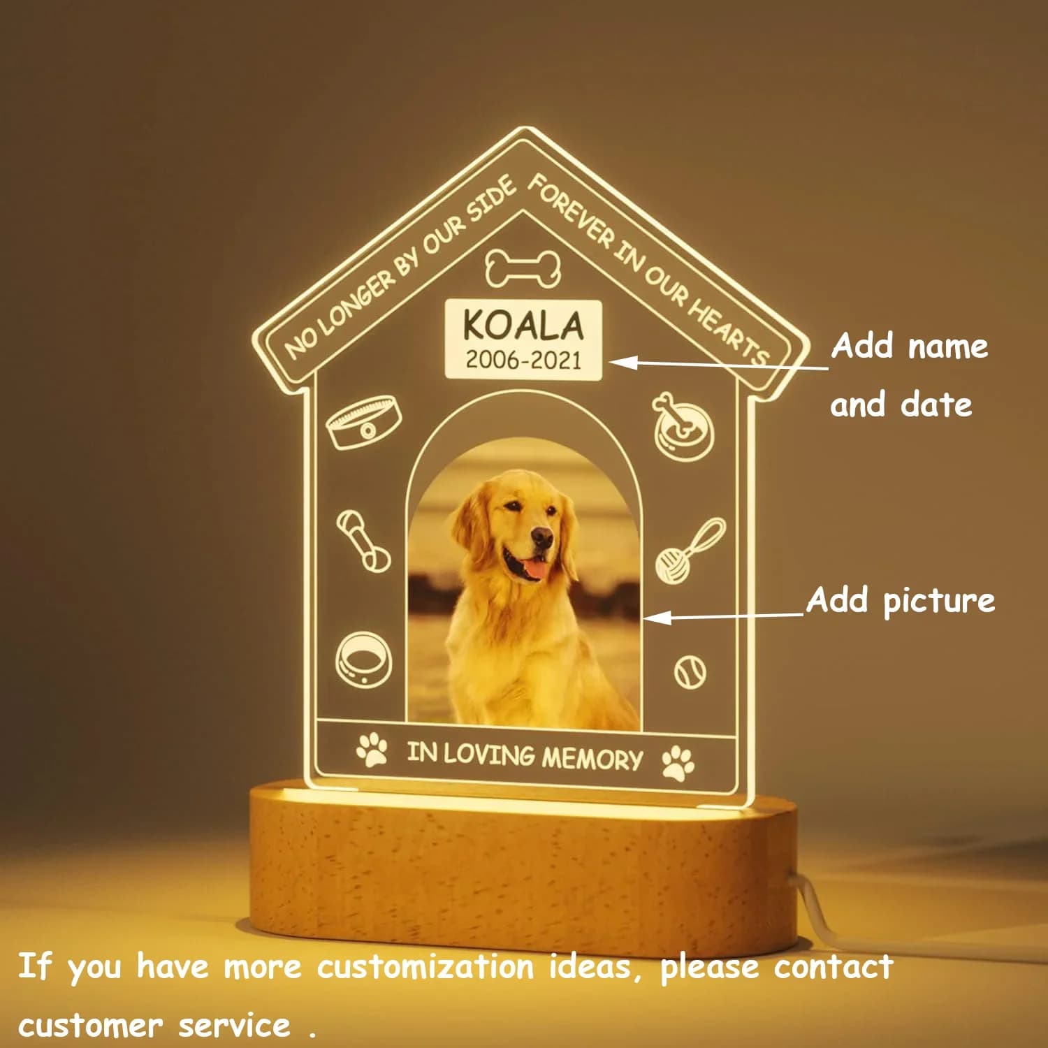 Personalized commemorative photo frame for dogs with engraved plaque Hot LED night light Customized image Name Date Simpathy for loss of pets