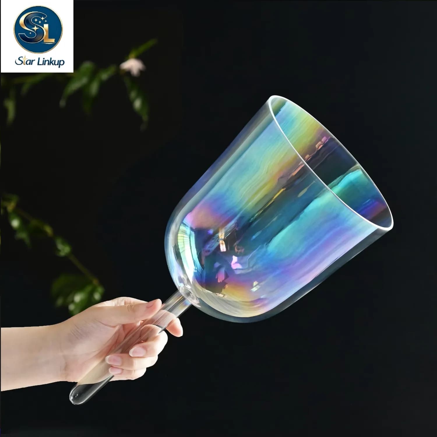 6 Inch Cosmic Light Hollow Handheld Clear Chakra Quartz Crystal Singing Bowl for Sound Healing with Suede Mallet