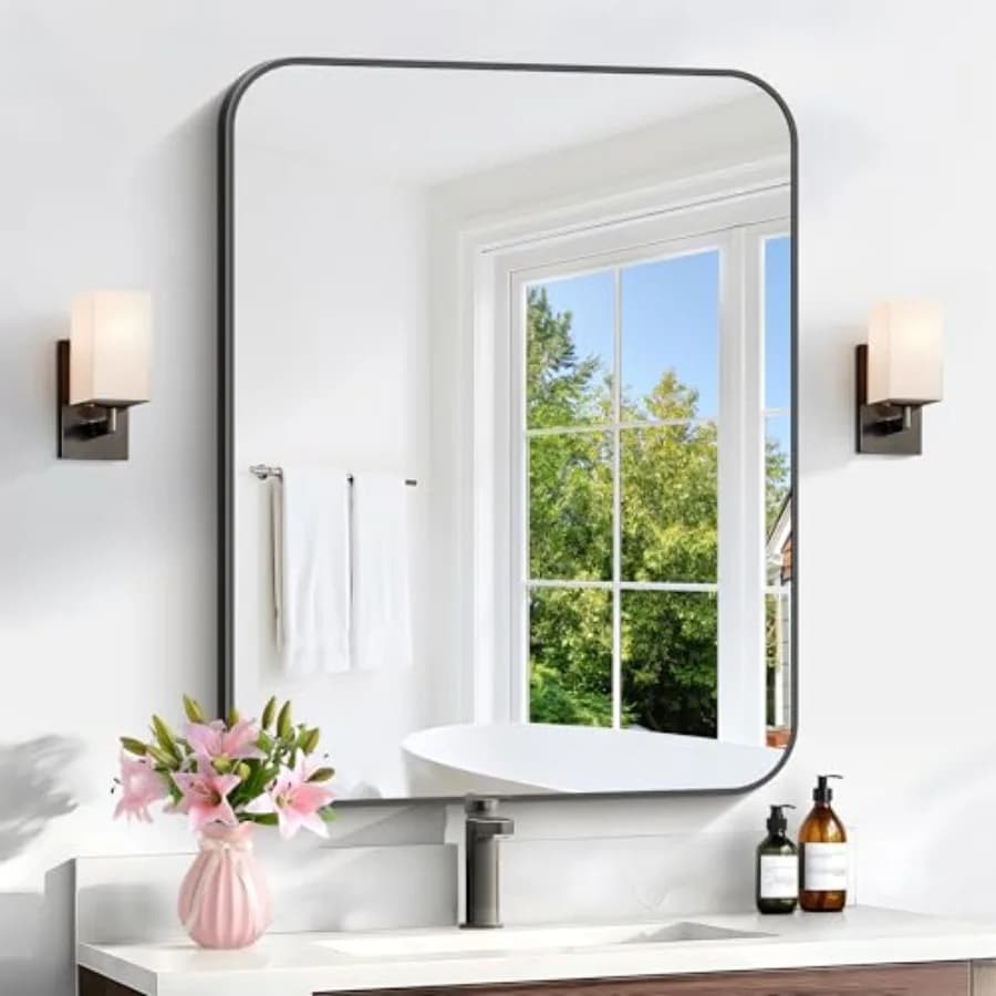 Specchio da Bagno 30 x 24 Pollici, Specchio Rettangolare in Metallo con Angoli Arrotondati, Specchio da Parete per Arredo Moderno