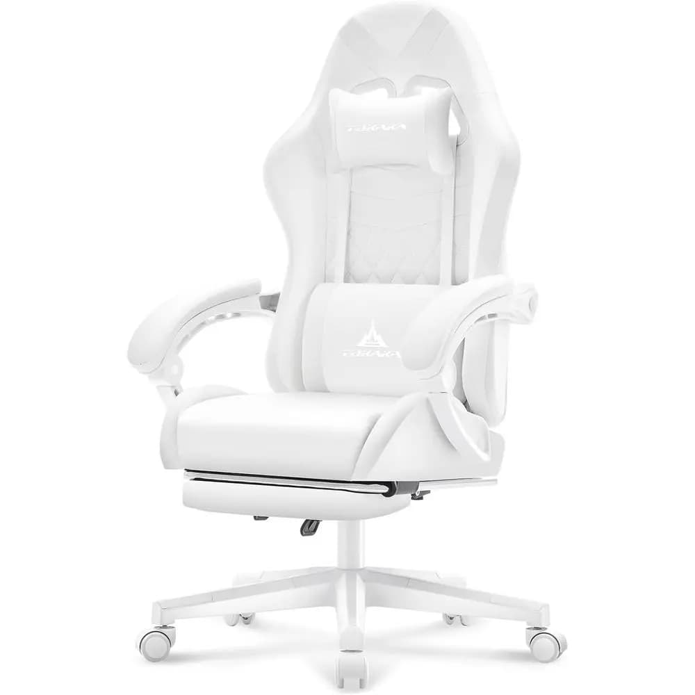 White Gaming Chair, Office Ergonomic Chair with Massage and Poggiapiedi, Spring Bearing, Adjustable Leather Reclining for Gamer