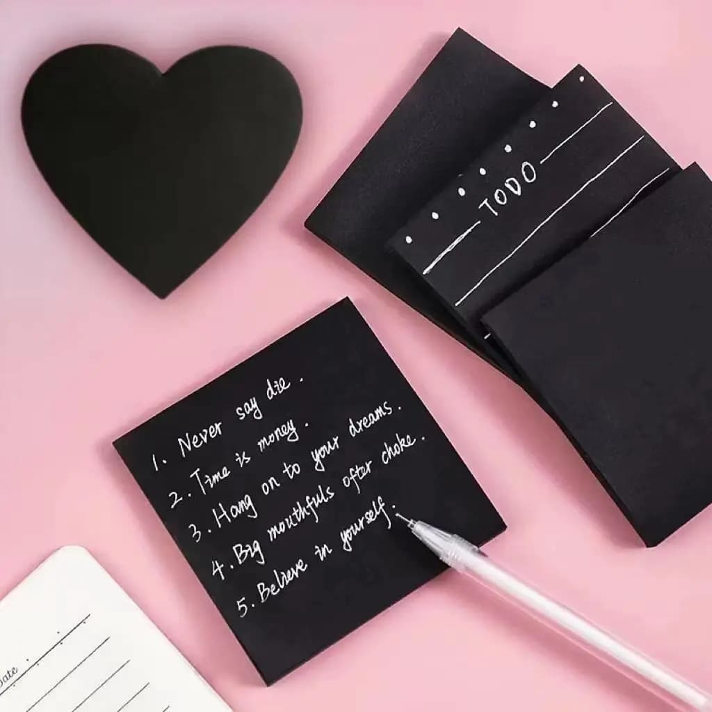 2 fogli di foglietti adesivi creativi minimalisti neri puri, con forme quadrate e a cuore, mix di 50 pagine ciascuno, per il ritorno a scuola