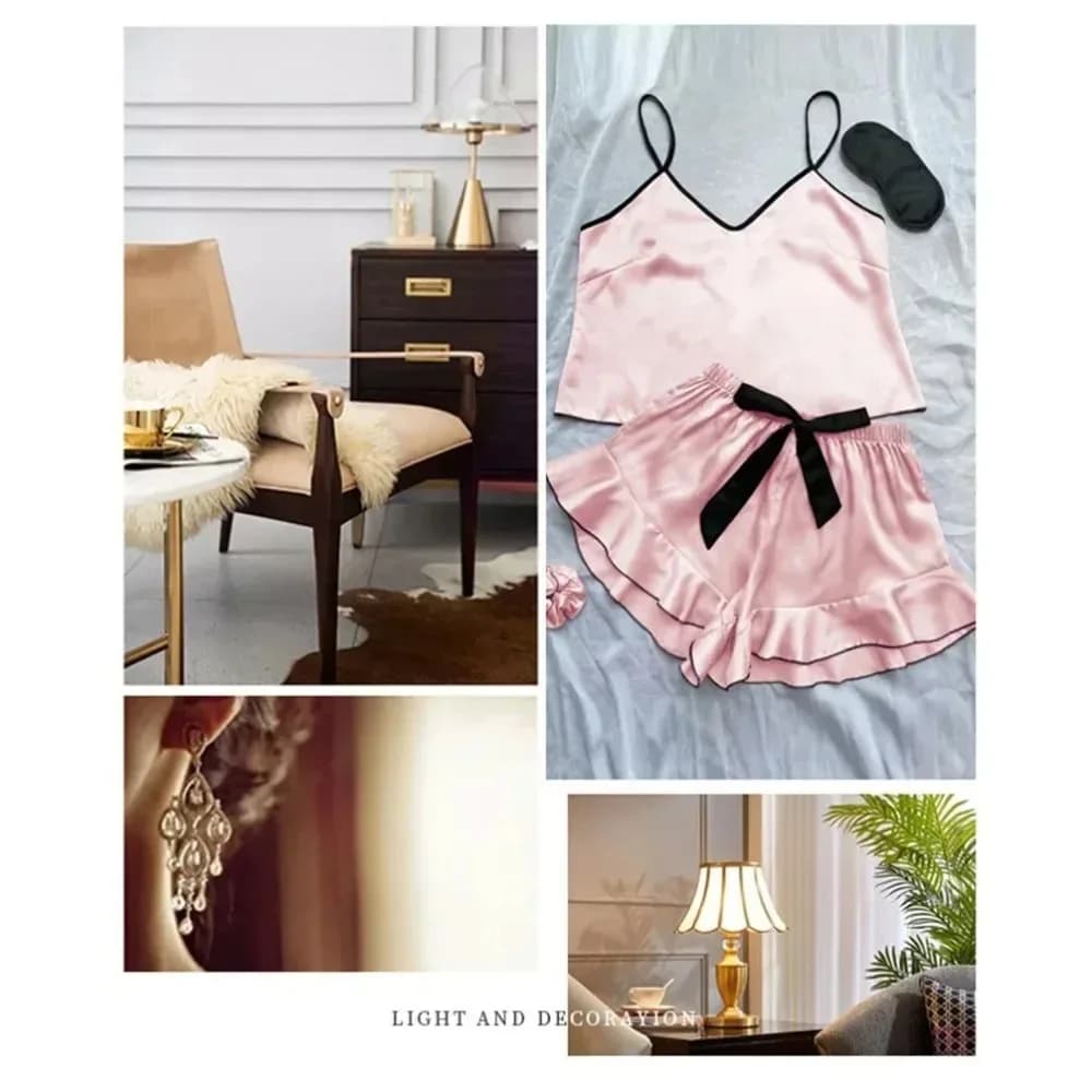 Women's smooth satin pyjamas 2026, V-neck top with curled edges and shorts with bow, simple and breathable pajamas set, home dress with shoulder straps