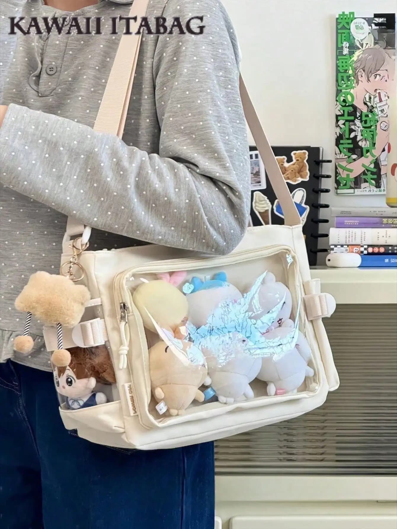 Kawaii Japanese School Crossbody Bags Basic Style Solid Color Clear Transparent New Simple Girls Shoulder Bag Preppy College Student Handbags With Badges Display Plate Small Side Pocket Can Put 10cm Dolls DIY Ita Bag JK Back To School Gifts Concert Anime