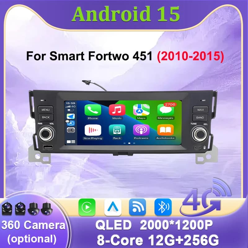Autoradio per Smart Fortwo 451 2010-2015 Android 15 Lettore Multimediale Carplay Navigazione GPS Bluetooth Schermo Diviso WIFI 4G