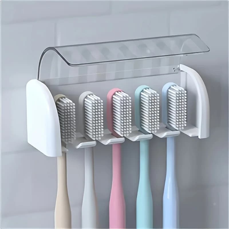 Portaspazzolini a 5 scomparti con coperchio, supporto da parete autoadesivo, organizer da bagno in plastica per dormitorio e doccia