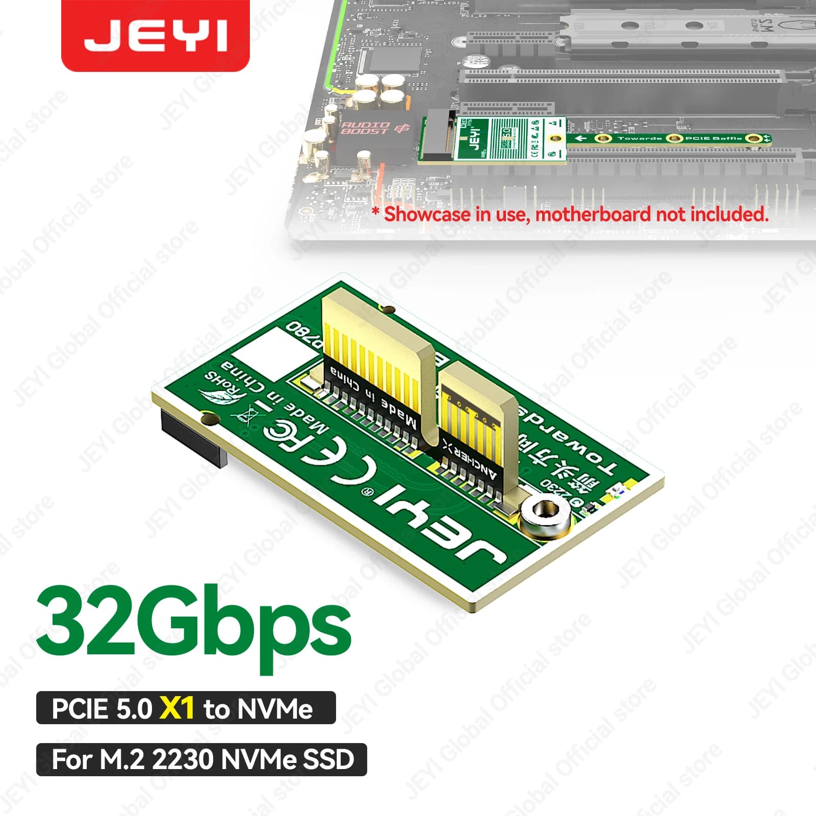 JEYI Flat PCIe 5.0 X1 to NVMe Adapter Card 32Gbps Lower Thin Design No GPU Obstruction for M.2 2230 NVMe SSD Mini Expansion Card